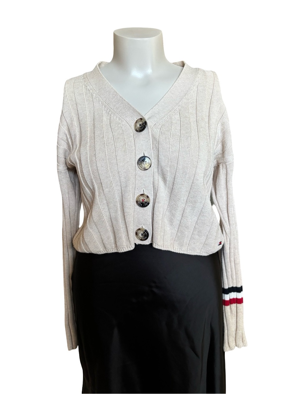 Tommy Hilfiger Cream Ribbed Button-Front Cropped Cardigan with Stripe Cuff